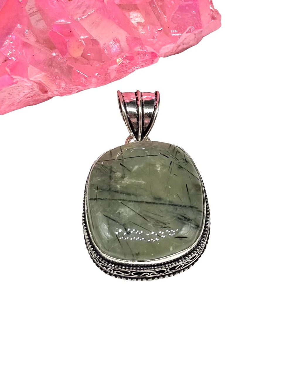 Moss Prehnite Necklace Pendant 925 Sterling Silver Overlay
